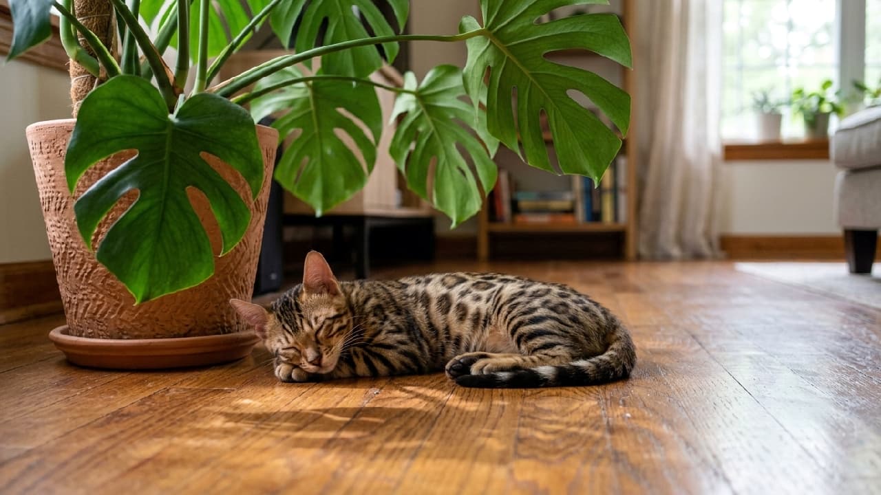 "Even the fiercest jungle explorers need a nap! 🐆🪴 Our little Bengal friend has found the coolest spot right under the Monstera leaves. Drop a 💚 if you love indoor jungles! #HouseplantClub #BengalCat" An ultra-realistic high-quality photograph of a stunning Bengal kitten fast asleep on a warm hardwood floor. The kitten showcases striking leopard-like rosettes and spots on its sleek coat, stretched out comfortably with its tiny paws tucked in. Above the kitten, large, vibrant green Monstera leaves cast beautiful, intricate shadows over its body and the floor, creating a peaceful, tropical indoor jungle atmosphere bathed in soft natural light.
