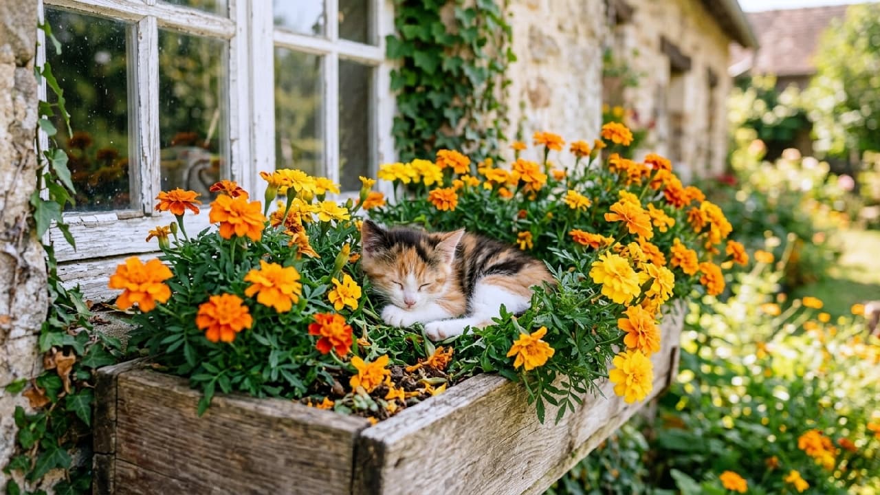 "Blooming right alongside the marigolds! 🌼🏡 A tiny Calico kitten taking a golden hour snooze in a window box is the exact kind of peace we need today. Send this to someone who loves flowers! 🧡✨ #CottageCore #CalicoCat" An ultra-realistic high-quality photograph of a sweet Calico kitten sleeping peacefully inside a rustic wooden window planter box. The kitten, featuring a distinct patchwork of black, orange, and white fur, is nestled comfortably among vibrant blooming orange and yellow marigold flowers. The background showcases a charming, weathered stone cottage window covered in ivy, basking in warm, golden hour sunlight.