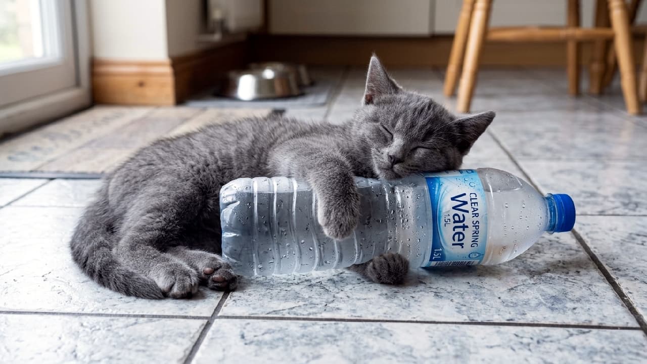 "Beat the heat like a pro! 🧊🐈⬛ This smart little Chartreux knows that hugging an ice-cold water bottle is the best way to survive hot summer days. Remember to stay hydrated! 💦💙 #StayHydrated #Chartreux" An ultra-realistic high-quality photograph of a Chartreux kitten sleeping on a cool grey tiled floor while tightly hugging a large, condensation-covered plastic water bottle. The kitten showcases a plush, dense blue-grey coat and a sweet, contented expression with closed eyes. The chilled water droplets on the bottle add a refreshing summer texture, with a softly blurred kitchen background featuring pet bowls.