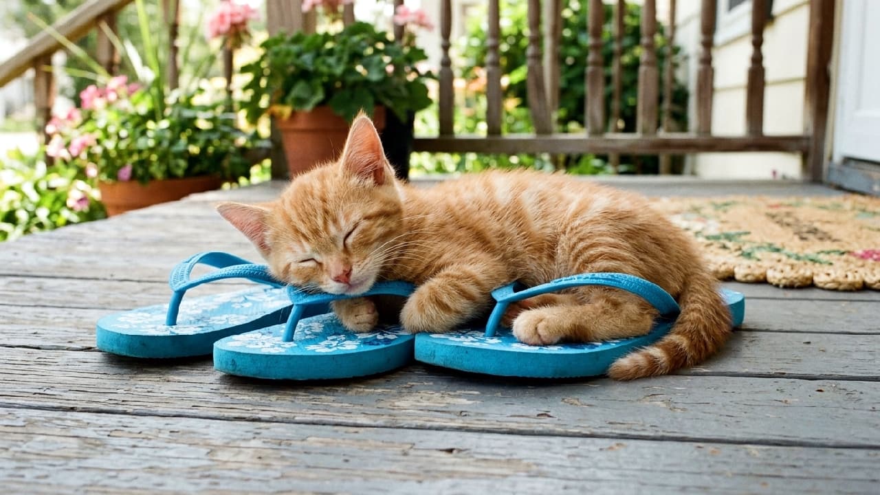 "No bed? No problem! 🩴🐾 An orange tabby can make a comfortable pillow out of absolutely anything—even your summer sandals! Drop a 🧡 if your cat sleeps in weird places too! #OrangeTabby #SummerVibes" An ultra-realistic high-quality photograph of a classic orange tabby Domestic Shorthair kitten using a pair of bright blue floral flip-flops as a makeshift pillow. The kitten's vibrant ginger stripes and soft white chin are highlighted as it sleeps soundly on a weathered, peeling grey wooden porch. Potted plants, a welcome mat, and soft summer sunlight complete the cozy, nostalgic outdoor setting.