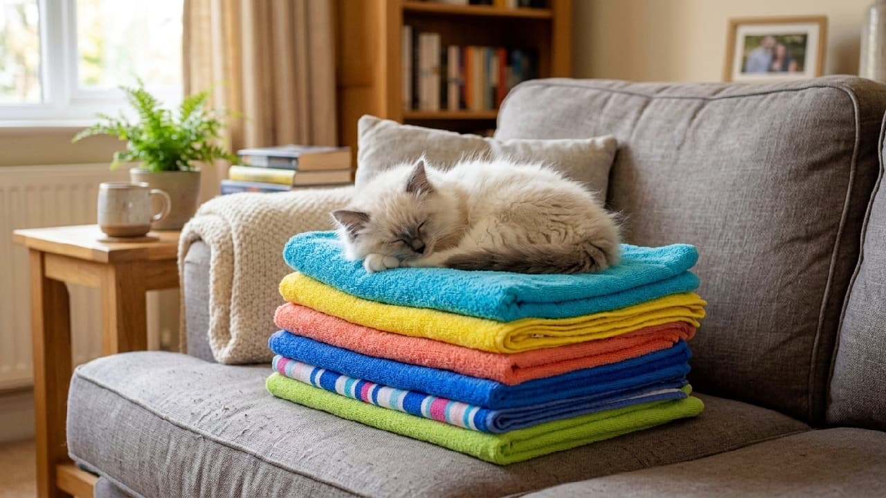"Conquering Mount Beach Towel! 🏔️🏖️ This fluffy Ragdoll knows that freshly folded laundry makes the absolute best bed. Are you team beach or team pool this summer? 🌊🐾 #RagdollKitten #SummerReady" An ultra-realistic high-quality photograph of a fluffy Ragdoll kitten sleeping blissfully on top of a perfectly folded stack of vibrant, brightly colored beach towels. The kitten features beautiful color-point markings with a soft grey mask and ears, blending into incredibly plush white fur. The towels sit on a comfortable grey sofa in a brightly lit, cozy living room, exuding a sense of soft, summery domestic bliss.