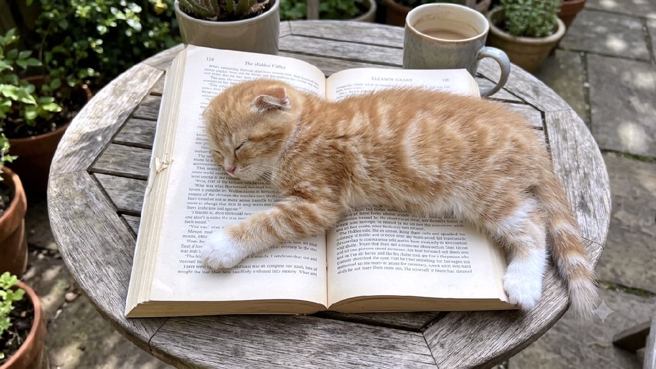 "The cutest bookmark you will ever see! 📚🐈 Looks like reading time quickly turned into nap time for this sweet Scottish Fold. What's your favorite summer read? ☕️✨ #BookLovers #ScottishFold" An ultra-realistic high-quality photograph of a precious Scottish Fold orange tabby kitten sleeping right in the middle of an open vintage book. The kitten has adorably folded ears, soft fluffy ginger and white fur, and is sprawled completely flat, acting as a furry bookmark. The book rests on a weathered circular wooden table outdoors, with a ceramic mug of coffee nearby and a softly blurred background of a sunny patio garden.