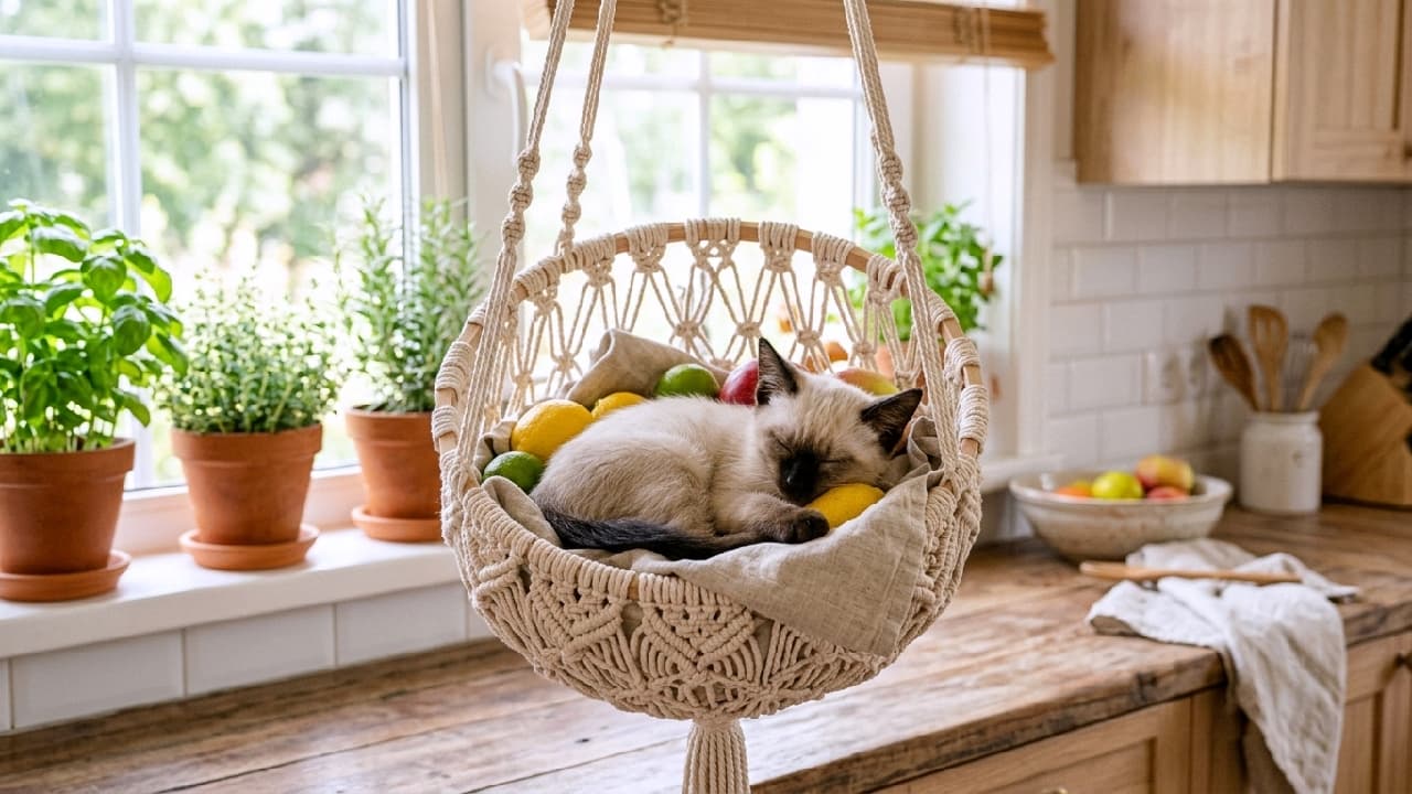 "The sweetest harvest of the season! 🍋🪴 This beautiful Siamese kitten found the absolute perfect hammock in the kitchen fruit basket. Nothing says fresh summer mornings quite like this! ✨🐈 #BohoHome #SiameseCat" An ultra-realistic high-quality photograph of an elegant Siamese kitten sleeping peacefully inside a hanging woven macrame basket in a bright, modern kitchen. The kitten's striking dark brown points on its ears and face contrast beautifully with its creamy body, resting softly against fresh lemons and limes on a linen cloth. Fresh potted herbs sit on the sunlit windowsill behind it, creating a fresh, culinary atmosphere.