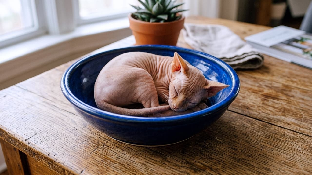 "Finding the coolest spot in the house! 🧊🥣 This adorable Sphynx kitten knows that a chilled ceramic bowl is the ultimate summer lifehack. Stay cool out there, friends! 🌬️💙 #SphynxCat #SummerHeat" An ultra-realistic high-quality photograph of a unique Sphynx kitten curled up tightly inside a deep blue, glazed ceramic bowl. The hairless kitten's pale, wrinkled skin and large ears are beautifully detailed, seeking the cooling touch of the pottery. The bowl rests on a richly textured, antique wooden table next to a potted succulent and a folded linen cloth, bathed in soft, diffused window light.