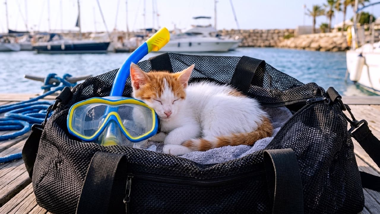 "Someone is ready for an underwater adventure... after a quick nap! ⛵️🤿 Our little Turkish Van stowaway got comfy right on the snorkel gear. Who is heading to the beach this weekend? 🌊🐠 #MarinaLife #TurkishVan" An ultra-realistic high-quality photograph of a Turkish Van kitten sleeping comfortably inside a black mesh duffel bag filled with diving equipment. The kitten has a pristine white coat with distinct auburn markings on its head and tail, resting its cheek against a bright yellow and blue snorkel mask. The bag sits on a wooden dock with ropes, with a sunlit marina and docked yachts blurred in the background.