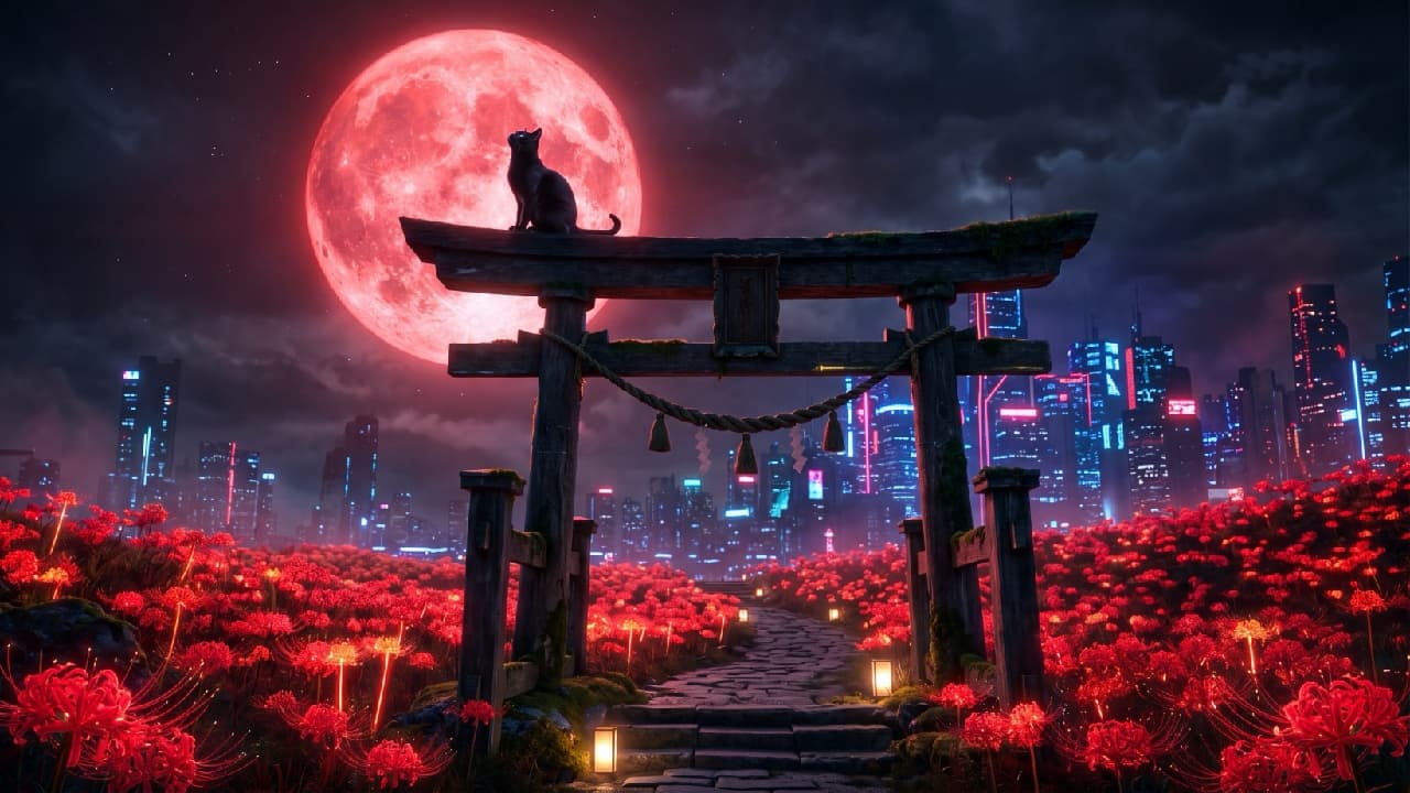 "Guarding the neon city! 🐈‍⬛❤️ Loving this mystical red moon vibe! #CyberCat #BlackCatMagic" Ultra-realistic high-quality photograph of a sleek black cat, resembling a Bombay, sitting gracefully in profile on top of a weathered, moss-draped traditional Japanese Torii gate. The cat is silhouetted against a massive, glowing blood-red full moon in a dramatic night sky. The foreground is blanketed with vibrant red spider lilies, while the background reveals a striking contrast of a futuristic cyberpunk city skyline illuminated with neon blue and pink lights.
