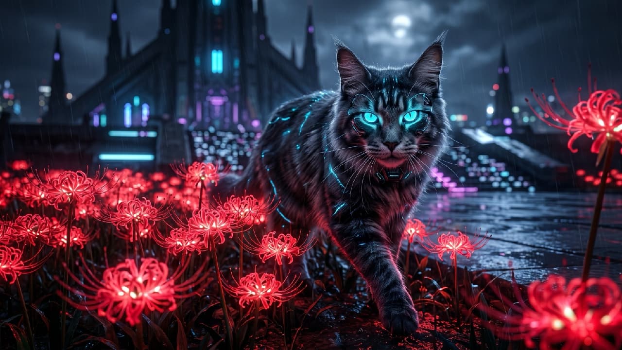 "Straight out of a sci-fi movie! 😼⚡ Who wants this cyber-kitty as a sidekick? #SciFiCat #Cyberpunk" Ultra-realistic high-quality photograph of a large, fluffy silver mackerel tabby cat, likely a Maine Coon mix, striding confidently toward the camera. The cat features futuristic, glowing neon-blue cybernetic lines on its fur and piercing, luminous cyan eyes. It is walking through a wet patch of vibrant red spider lilies during a nighttime downpour. The background features a dark, cinematic cyberpunk cityscape with neon architectural elements reflecting beautifully off the rain-slicked pavement.