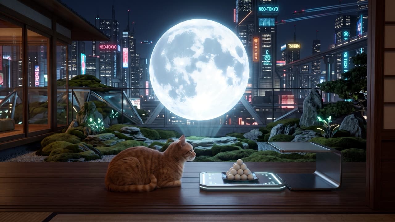 "Tsukimi meets the future! 🍡✨ Moon gazing is always better with a cat. #NeoTokyo #OrangeTabby" Ultra-realistic high-quality photograph of a calm orange mackerel tabby cat resting in a classic loaf pose on a wooden engawa porch. The cat is gazing patiently at a gigantic, radiant white full moon hovering just beyond a futuristic Zen garden filled with mossy rocks and glowing neon plants. Next to the cat is a high-tech, floating illuminated tray holding traditional Tsukimi dango (moon-viewing dumplings). In the background, a sprawling cyberpunk Neo-Tokyo city skyline glows with neon signs and flying vehicles.