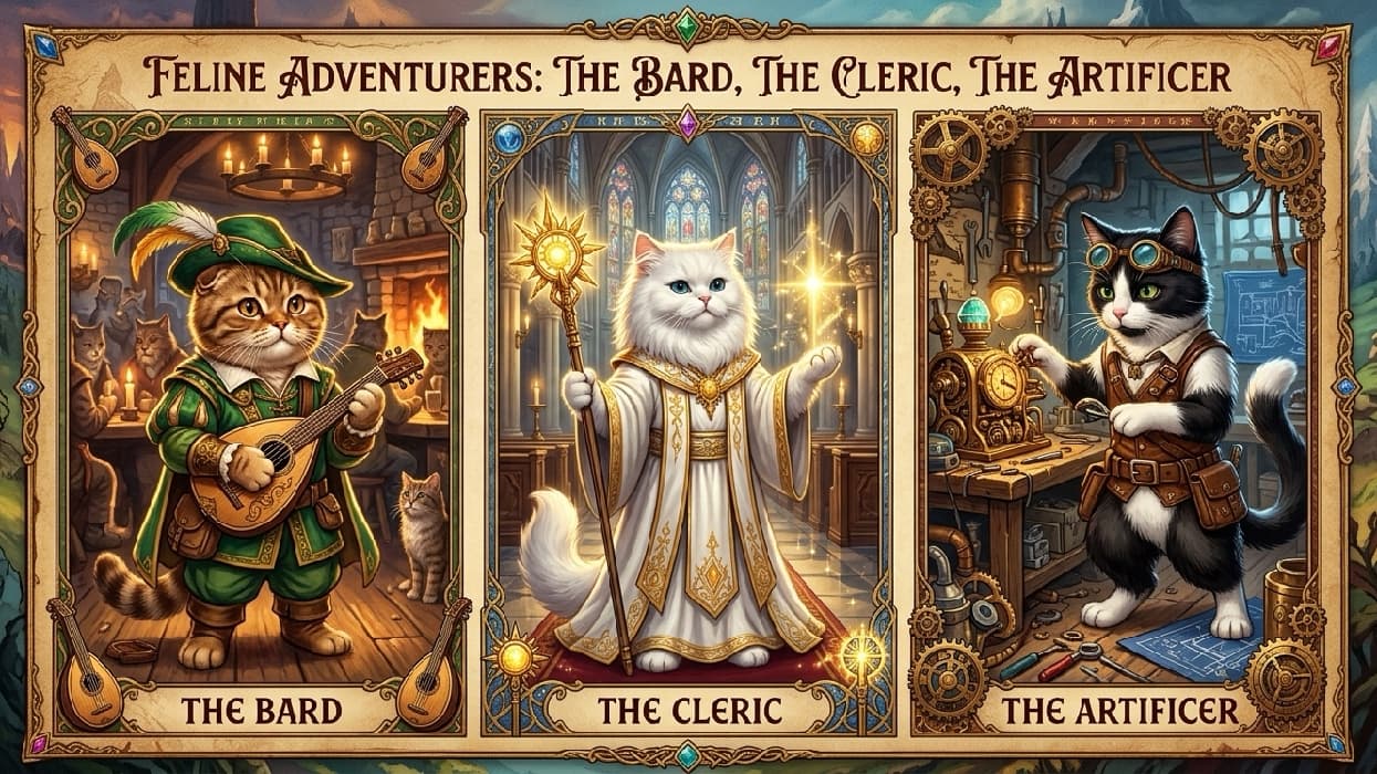 Ultra-realistic high-quality photograph style epic fantasy triptych featuring three advanced RPG cat classes. Left: A Scottish Fold tabby cat dressed as a bard playing a tiny lute in a warm, fire-lit medieval tavern. Center: A fluffy white Persian cat as a cleric in white and gold holy robes, holding a glowing golden divine staff in a gothic cathedral with stained glass. Right: A black and white tuxedo cat as an artificer wearing steampunk goggles, working on clockwork in a brass workshop. Rich details, cinematic lighting, and a high-fantasy aesthetic.