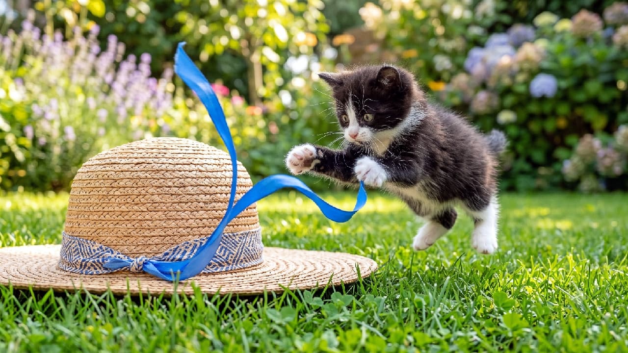 "Peek-a-boo! 👒👀 Look at the precious little treasure hiding under this sun hat! There’s nothing quite like the innocent, curious gaze of a tiny tuxedo baby to melt your heart. Tag someone who needs a serious dose of absolute cuteness today! 😻✨ #PeekabooCat #TuxedoKitten #SummerVibes" An ultra-realistic high-quality photograph of an adorable black and white tuxedo kitten peering out from underneath a rustic straw hat resting on vibrant green grass. The kitten has captivating, large round eyes reflecting the warm sunlight, a perfectly symmetrical pink nose, and one soft, white-gloved paw gently resting on the brim of the hat. The shallow depth of field creates a beautiful bokeh effect in the sun-dappled background, highlighting the cozy, safe, and curious nature of the tiny feline.