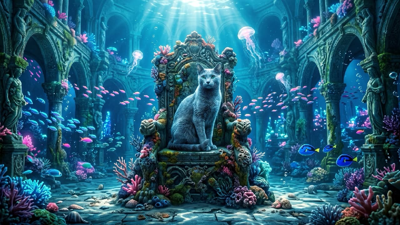 "👑 All Hail the Sea King! He rules with a gentle paw. #CatLover #FantasyArt" High-quality photograph of a regal Russian Blue cat seated upright on a large, intricately coral-covered throne within a vast, sunken underwater ancient city. The background features many classical stone arches, statues, schools of small fish including blue tangs, floating jellyfish, and dramatic sunbeams filtering down from above.