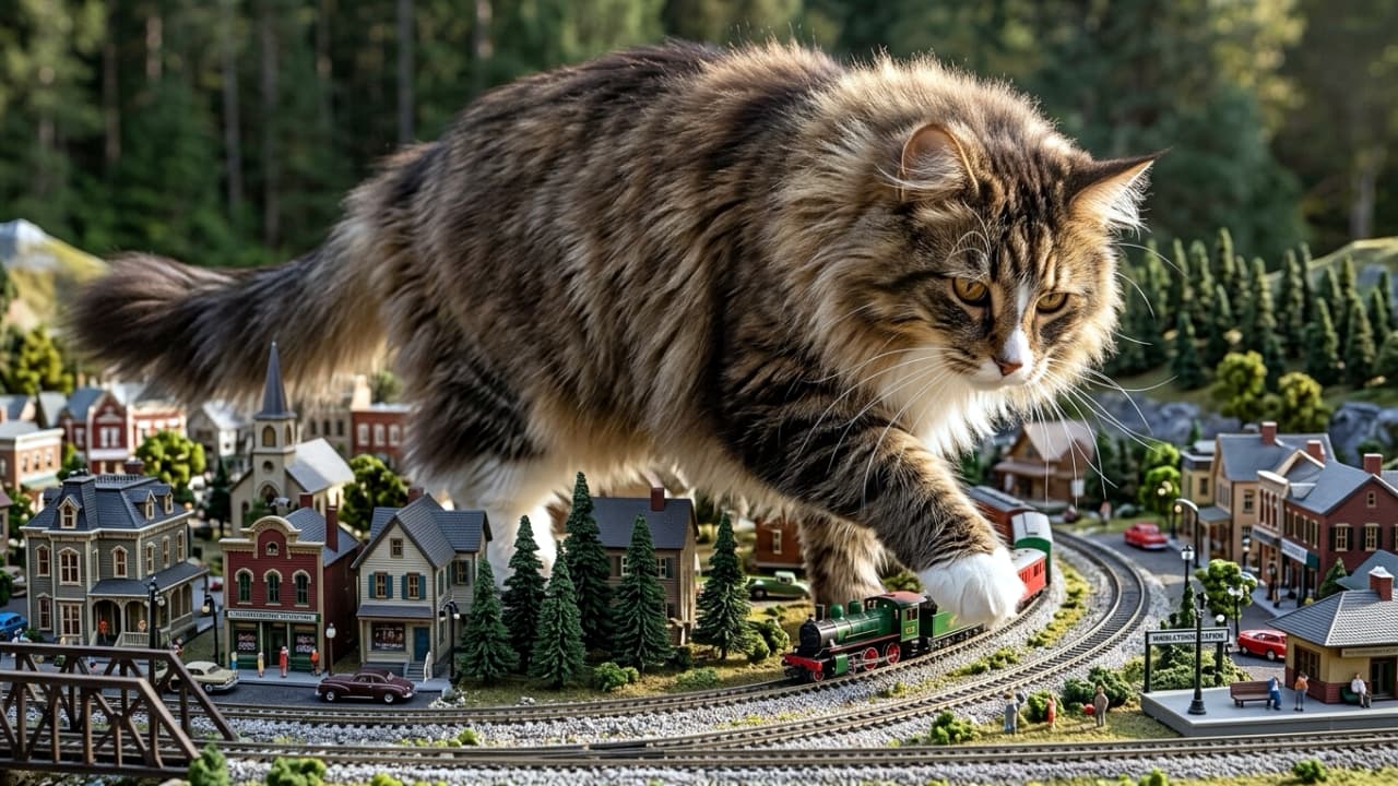 "Step aside, tiny trains! A majestic, giant Norwegian Forest Cat conquers the miniature world! 🐈🚂🐾 Look at that scale contrast! #GiantCat #MiniatureWorld #NorwegianForestCat #CatLovers" A breathtaking masterpiece photography of a massive, fluffy Norwegian Forest Cat (brown tabby and white) gracefully stepping over a highly detailed miniature model railway town. The cat is colossal compared to the tiny Victorian-style houses, small pine trees, and a micro steam train on the tracks below. The fur texture is incredibly rich and detailed. Shot with forced perspective and dramatic macro lighting, creating an epic sense of scale against a gently blurred forest background. No text, no watermark.