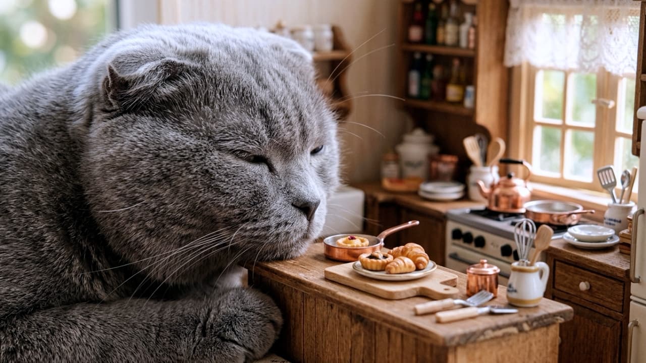 "Miniature world, massive comfort. This cozy Grey Scottish Fold found the perfect spot for a nap." An ultra-realistic high-quality photograph, a photorealistic close-up shot of a massive Grey Scottish Fold cat with folded ears and deep grey fur, resting its chin gently on the counter of a detailed wooden dollhouse kitchen. The cat's eyes are half-closed in a relaxed, peaceful expression. On a miniature wooden table in the foreground, there are microscopic pastries like croissants and tarts on tiny plates, along with a small copper pan and cutlery. Warm natural sunlight streams in from a miniature window in the background, which has shelves with tiny bottles and lace curtains. The tilt-shift lens effect creates a shallow depth of field, blurring the background while keeping the cat and immediate miniatures in sharp focus.