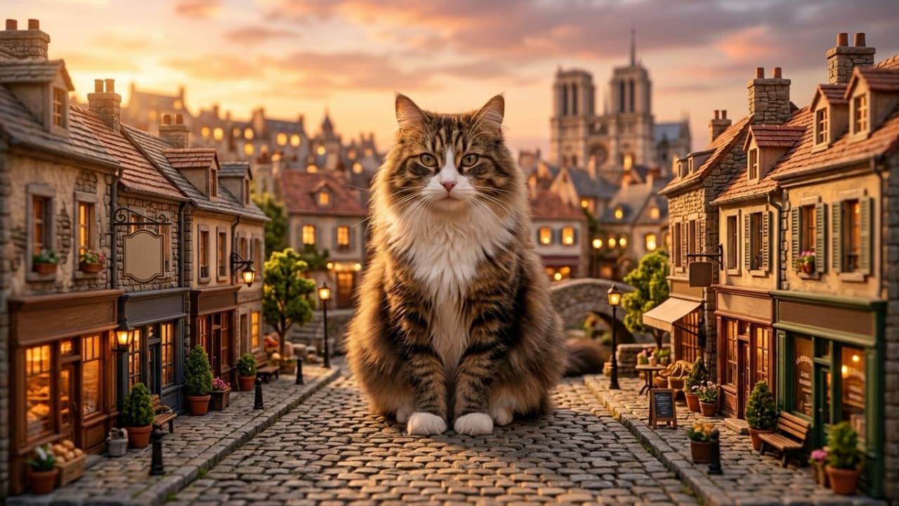 \"When your cat is a gentle giant in a magical miniature world! 🐈✨ The scale difference is everything! #fluffycat #tabbycat #fantasy #miniature #catslovers\" A central, ultra-realistic high-quality photograph of a large, majestic fluffy Brown Tabby and White cat (possibly a Norwegian Forest Cat or Maine Coon mix) sitting politely and facing forward on a tiny, detailed miniature European cobblestone street. The cat has a full white ruff (mane), distinct tabby markings, white mittens, and intense yellow-green eyes. It is surrounded by micro-scale stone buildings, tiny shopfronts with glowing lights, miniature street lanterns, and tiny potted plants, creating an epic contrast of scale (the Gulliver effect). In the distance, a grand landmark-like structure resembling a cathedral (like Notre Dame) stands against a warm, glowing sunset sky with soft clouds. The tilt-shift depth of field focuses sharply on the cat and the immediate foreground, blurring the background into a magical diorama. The lighting is warm and golden.