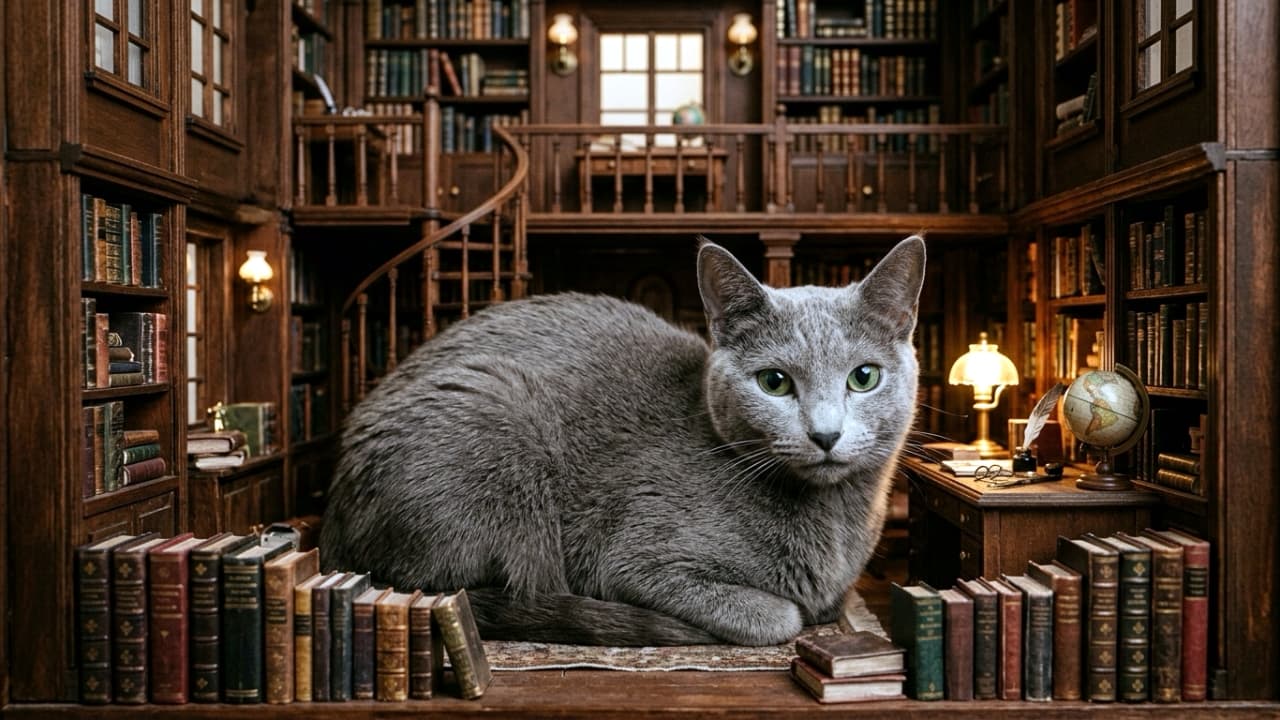 "This sleek Russian Blue found the purr-fect study spot in a tiny antique library! 🐈📚 #RussianBlue #CatLoaf #Miniature #CozyVibes" An ultra-realistic high-quality photograph from a cinematic perspective, capturing a majestic Russian Blue cat with sleek, silver-grey fur and distinct green eyes. The cat is perfectly formed in a cat loaf pose, nestled comfortably within a two-story miniature wooden antique library. Every detail is sharp: thousands of tiny leather-bound books line the detailed shelves, a microscopic globe sits on a desk alongside a quill and inkwell. Warm, golden light from small desk lamps illuminates the cozy, micro-scale scene. The focus is critically sharp on the cat's face and the foreground details. No text or watermark.
