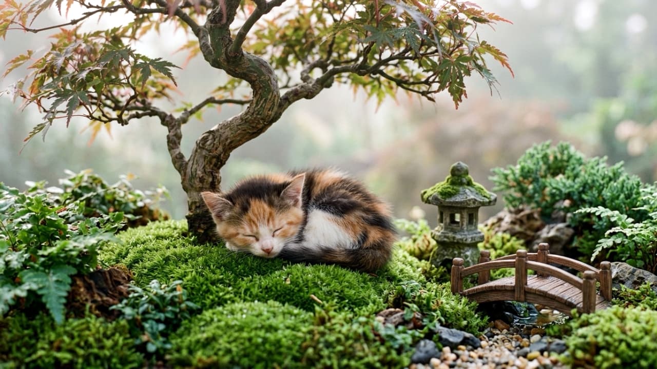 "Pure serenity. 🌿 This tiny calico kitten found the most peaceful spot for a nap in a miniature world. 🥺 Who needs to join this calm garden? ✨ #kittens #sleepycat #bonsai #macrophotography" Ultra-realistic high-quality soft focus macro photograph: a tiny calico kitten with distinct orange, black, and white fur sleeps peacefully curled up on soft green moss inside an intricate bonsai tree garden. Nearby are a miniature stone lantern and a detailed wooden bridge. Soft morning light and mist create a serene, ultra-detailed macro nature scene.