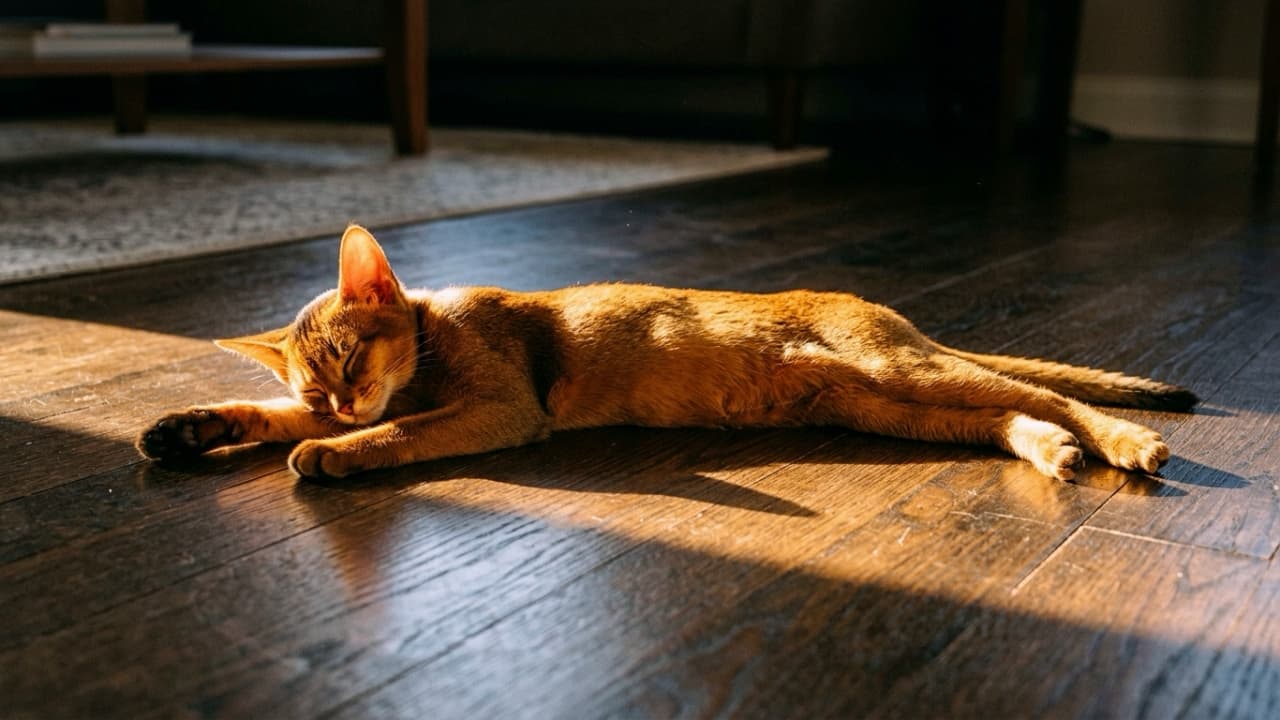 "Chasing sunbeams and soaking up the warmth! ☀️ This gorgeous Abyssinian knows exactly how to spend a lazy afternoon. Where is your pet’s favorite sunny spot? ✨ #Abyssinian #SunbathingCat #GoldenHour #CatLife" Ultra-realistic high-quality photograph of a stunning Abyssinian cat stretching out luxuriously in a bright rectangular sunbeam on a dark hardwood floor. The cat's gorgeous ruddy, brightly ticked coat shines brilliantly in the direct sunlight, highlighting its lithe, athletic body and elegant profile. The feline is deeply relaxed with its eyes closed, fully absorbing the warmth. The stark contrast between the bright, golden light and the deep shadows of the room creates a dramatic, moody aesthetic.