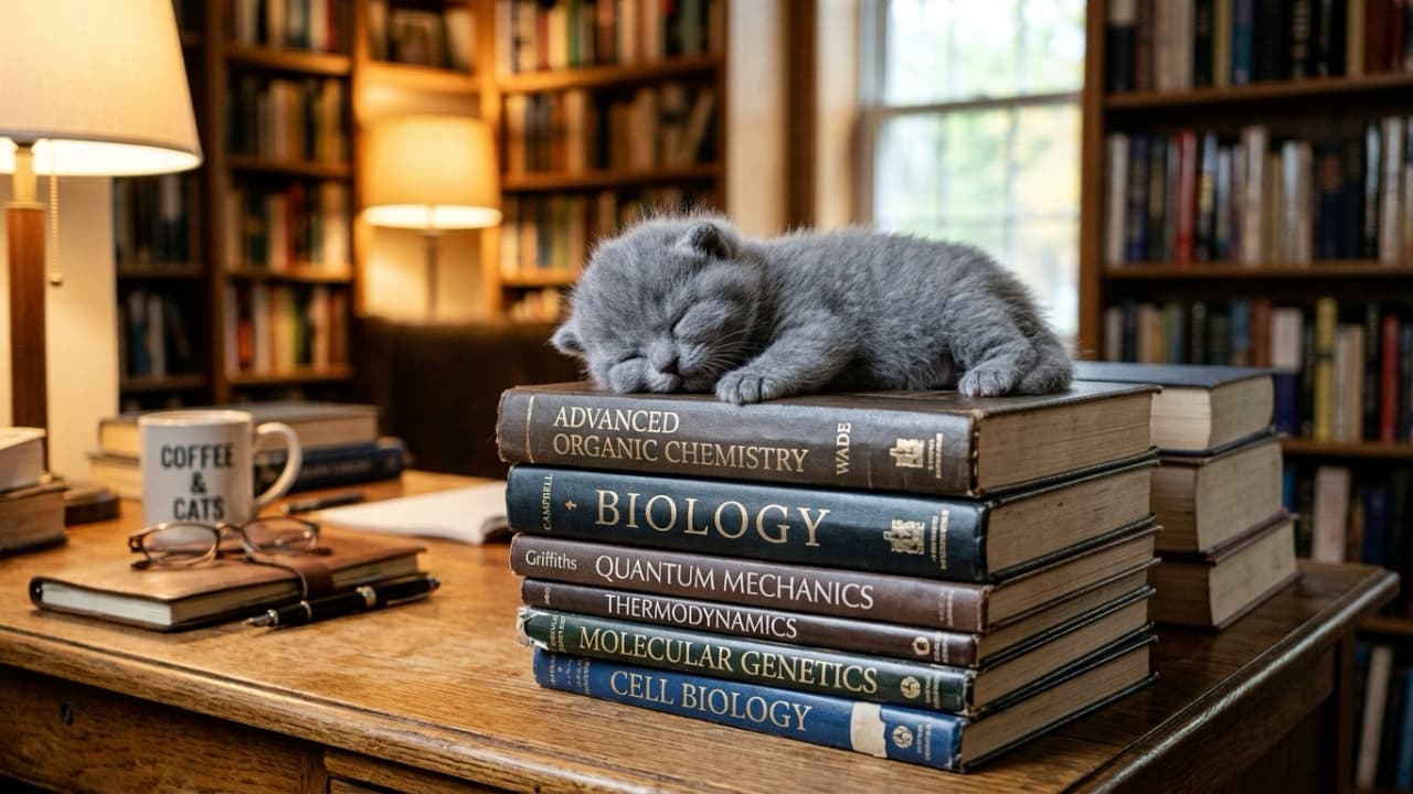 "Studying is exhausting! 📖 This little British Shorthair scholar decided it's time for a study break. What's your favorite book to read with your feline friend? ☕️🐾 #BritishShorthair #StudyBuddy #LibraryCat #BookLover" Ultra-realistic high-quality photograph of a fluffy, solid blue-gray British Shorthair kitten sleeping soundly on top of a stack of thick science and biology textbooks. The kitten's dense, plush coat and soft, rounded face are highly detailed as it stretches out in total relaxation. The setting is a cozy, classic library or study room with warm lamplight illuminating a wooden desk, a coffee mug reading "COFFEE & CATS", and softly blurred bookshelves in the background.