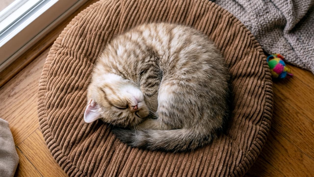 "The perfect little cinnamon roll! 🥐 This squishy Exotic Shorthair is completely lost in dreamland. Rate this flawless sleeping form from 1 to 10! 💤✨ #ExoticShorthair #TabbyCat #CinnamonRollCat #SleepingKitten" Ultra-realistic high-quality photograph of a round, plush Exotic Shorthair tabby kitten tightly curled into a perfect circle, sleeping deeply inside a brown ribbed corduroy pet bed. The kitten's signature flat face, short nose, and dense, exquisitely patterned tabby coat are highlighted in crisp macro detail. The bed rests on a clean wooden floor near a window, with a small, colorful toy mouse sitting just out of reach on the floor, emphasizing a feeling of total security and restful peace.