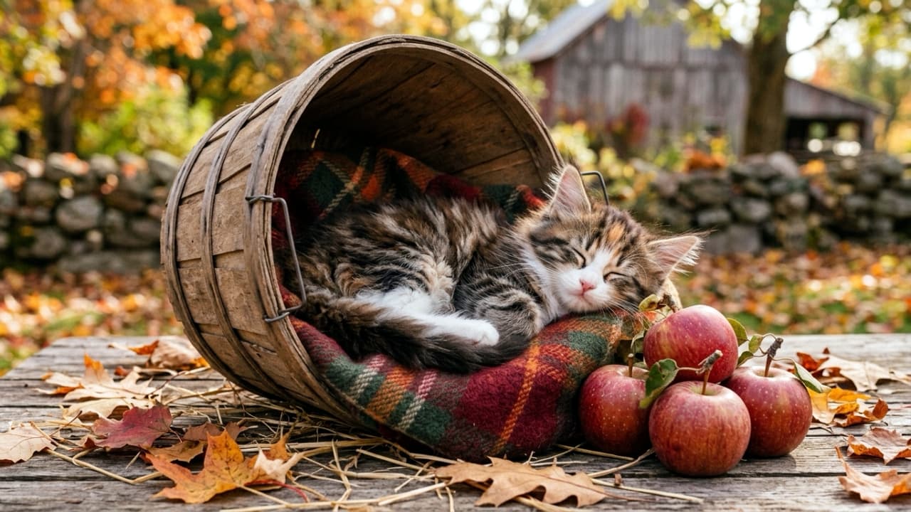 "Orchard dreams and autumn breezes! 🍏 This fluffy Maine Coon is taking the best nap in the apple harvest. Ready to go apple picking? 🧺🍂 #MaineCoon #AppleHarvest #CountryLife #FarmToTable" Ultra-realistic high-quality photograph of a stunning Maine Coon kitten sleeping peacefully inside a tipped-over wooden bushel basket on a rustic outdoor table. The kitten showcases a beautiful, fluffy tabby coat with rich brown, black, and white markings, and signature prominent ear tufts. Resting on a cozy plaid blanket, the kitten is surrounded by fresh, crisp red apples and scattered dry oak leaves. The background reveals a slightly blurred rural barn setting bathed in warm autumn daylight.