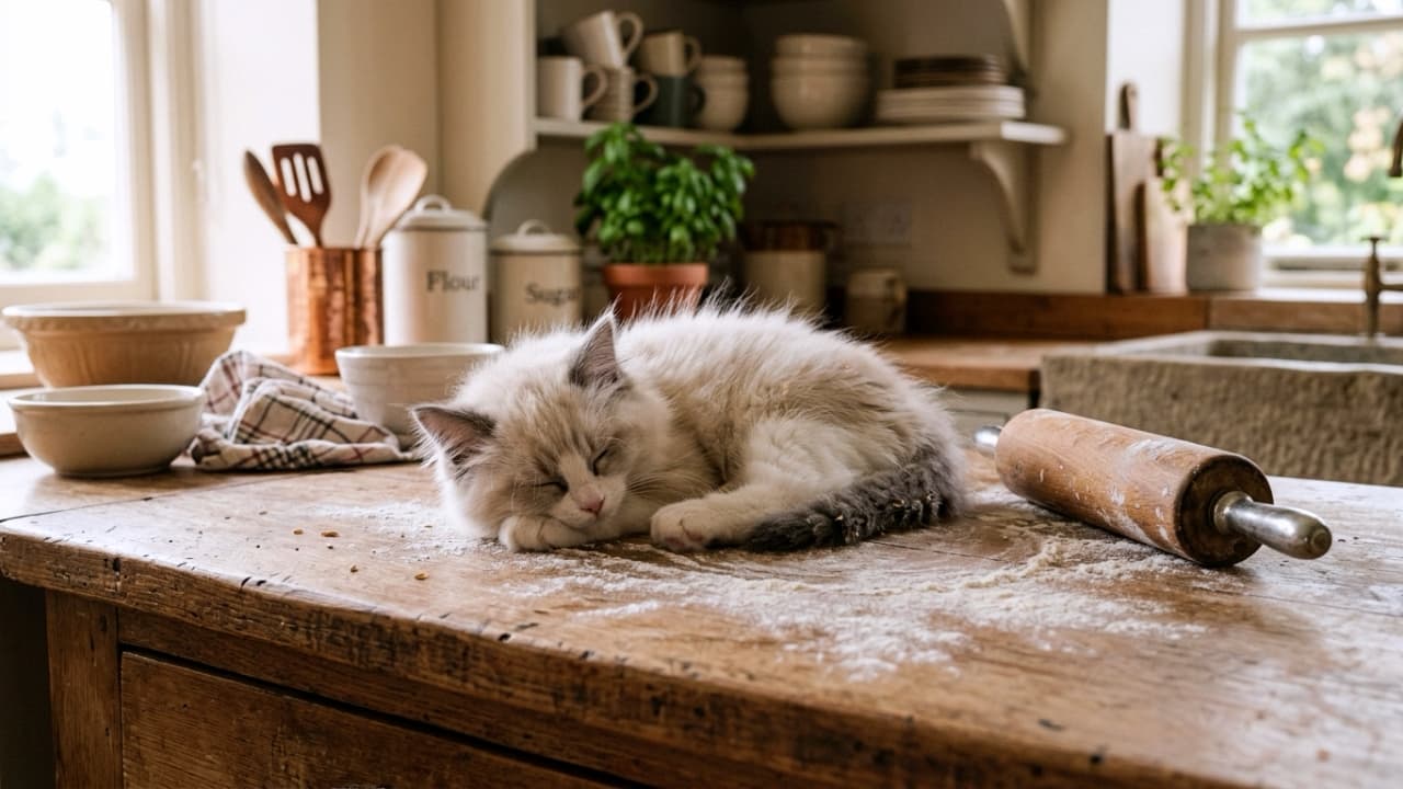 "The most unhelpful (but cutest) baking assistant! 🧑‍🍳 This fluffy Ragdoll decided the flour dust was the perfect place for a nap. Who's baking something delicious today? 🥖🐾 #RagdollKitten #BakingTime #FarmhouseKitchen #CatAntics" Ultra-realistic high-quality photograph of an incredibly fluffy Ragdoll kitten sleeping peacefully on a rustic wooden kitchen island. The kitten features a beautiful bicolor coat with soft white and muted grey points. It is curled up right in the middle of scattered white baking flour, directly next to a classic wooden rolling pin. The background reveals a cozy, brightly lit farmhouse-style kitchen with ceramic canisters, wooden utensils, and fresh potted herbs, capturing a charming, messy-but-sweet domestic moment.