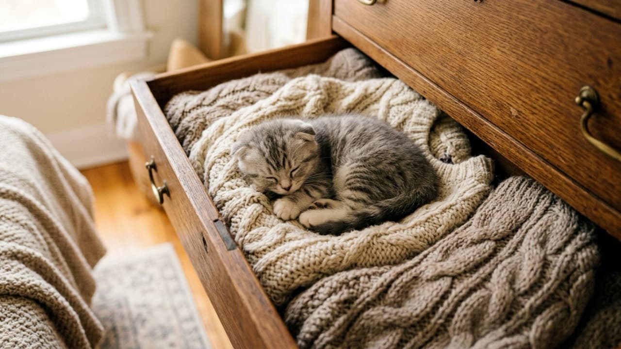 "The ultimate hiding spot discovered! 🤫 This precious Scottish Fold found the softest place in the house. Who else's cat loves sleeping in laundry? 🧺🐾 #ScottishFold #SweaterWeather #KittenLife #HomeSweetHome" Ultra-realistic high-quality photograph of a tiny, silver tabby Scottish Fold kitten sleeping deeply inside an open vintage wooden dresser drawer. The kitten, characterized by its tightly folded ears and round face, is curled up on a bed of thick, folded, neutral-toned chunky knit sweaters. The soft daylight entering the room highlights the intricate cable-knit textures of the sweaters, the rich grain of the antique wood, and the delicate softness of the kitten's fur in a beautifully intimate, homey scene.