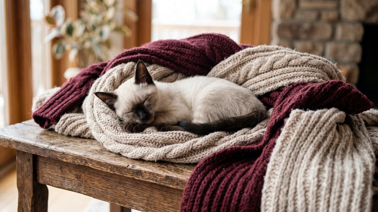 "The definition of cozy! 🧶 This beautiful Siamese baby is lost in dreamland, wrapped up in the warmest autumn knits. Who else wishes they were sleeping right now? ☕️💤 #SiameseCat #CozyVibes #KittenNap #SweaterWeather" Ultra-realistic high-quality photograph of a beautiful Siamese kitten fast asleep on a rustic wooden table. The kitten features the breed's signature colorpoint coat with a creamy white body and dark seal brown points on its ears, face mask, and tail. It is nestled comfortably within the folds of heavy, textured chunky knit blankets in rich maroon and cream colors. Natural light from a nearby window gently highlights the short, soft fur and the intricate cable-knit patterns of the textiles.