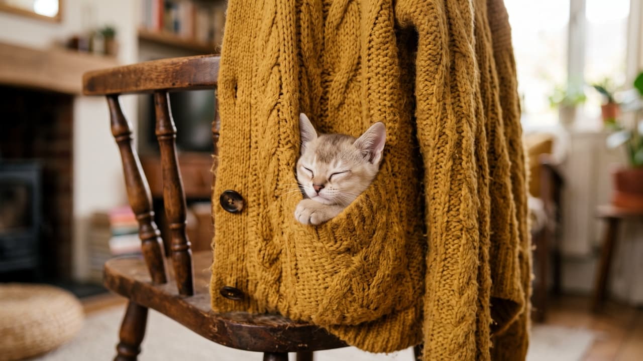 "Pocket-sized perfection! 💛 This tiny Singapura has claimed the absolute best spot in the house. Tag a friend who would totally carry their cat around like this! 🧥🐾 #SingapuraCat #PocketKitten #CozyHome #TinyCat" Ultra-realistic high-quality photograph of a minuscule Singapura kitten, known as one of the smallest cat breeds, sleeping soundly tucked inside the pocket of a thick, mustard-yellow knit cardigan. The kitten's distinctive sepia agouti ticked coat, large ears, and delicate facial features are in sharp focus. The cardigan is draped over a rustic wooden chair in a warmly lit, inviting living room setting with a blurred fireplace in the background, emphasizing a snug and secure atmosphere.