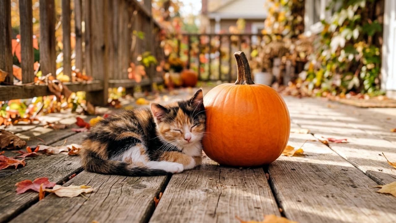 "Fall vibes are officially here! 🍁 This sleepy calico baby found the perfect pumpkin pillow for an afternoon snooze. Who else is ready for cozy season? 🎃💤 #CalicoCat #AutumnVibes #PumpkinSeason #CozyVibes" Ultra-realistic high-quality photograph of a precious Domestic Shorthair Calico kitten fast asleep on a rustic wooden porch. The kitten features a striking patchwork of black, orange, and white fur, curled up in a tight, cozy ball right next to a vibrant orange pumpkin. The background showcases a beautiful autumn scene with scattered fallen leaves and warm, natural sunlight casting gentle shadows on the wooden planks, perfectly capturing the essence of the fall season.