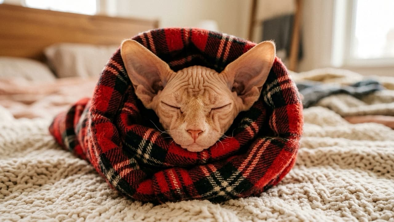 "Peak coziness achieved! 🧣 This beautiful Sphynx knows exactly how to stay warm on a chilly morning. Tag someone who loves to stay in bed! ☕️✨ #SphynxCat #CozyVibes #MorningRoutine #WinterWarmth" Ultra-realistic high-quality photograph of a striking hairless Sphynx cat tightly swaddled in a vibrant red and black plaid blanket. The cat's unique, wrinkled peach-colored skin, prominent cheekbones, and large ears are captured in macro detail. The feline is peacefully asleep with its eyes closed, resting comfortably on a heavily textured cream-colored knit blanket. Soft, natural daylight from a nearby window fills the bright, minimalist bedroom setting, emphasizing a warm and comforting atmosphere.
