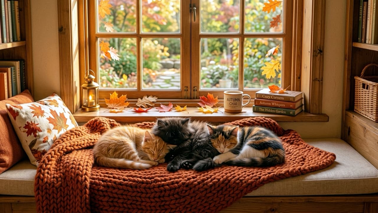 \"The ultimate cuddle puddle! 🍂 These three little friends found the warmest spot by the window for their afternoon nap. Grab a warm chai, a good book, and join the snuggle fest! ☕️📖🐾 #AutumnVibes #KittenCuddles #CozyReadingNook #CatLovers\" Ultra-realistic high-quality wide-shot photograph of a cozy early autumn reading nook bathed in soft, golden afternoon sunlight. Three adorable kittens—a ginger tabby, a fluffy black Persian, and a beautiful calico—are sleeping peacefully huddled together on a thick, burnt-orange chunky knit blanket. The warm scene is framed by a classic wooden window adorned with fallen maple leaves, alongside a small glowing lantern, an \"Autumn Chai\" mug, and a stack of vintage books.