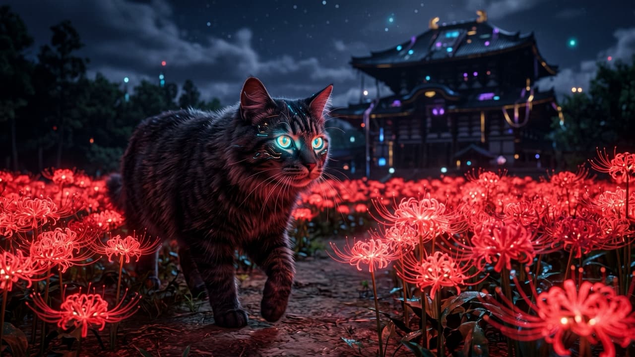 "A glimpse into a cyber-future! 🤖🐱 Walking through a field of glowing red spider lilies with eyes that hold the neon night." A detailed close-up shot of a majestic tabby domestic shorthair cat with rich textured fur and striking, glowing blue-green cybernetic eyes. The cat is determinedly walking through a dense field of bioluminescent red spider lilies, their delicate petals emitting a soft neon-red glow against the dark, moody background of a futuristic temple complex under a starry night sky. Depth of field effectively blurs the temple and distant city lights, highlighting the cat and the intricate details of the foreground flowers.