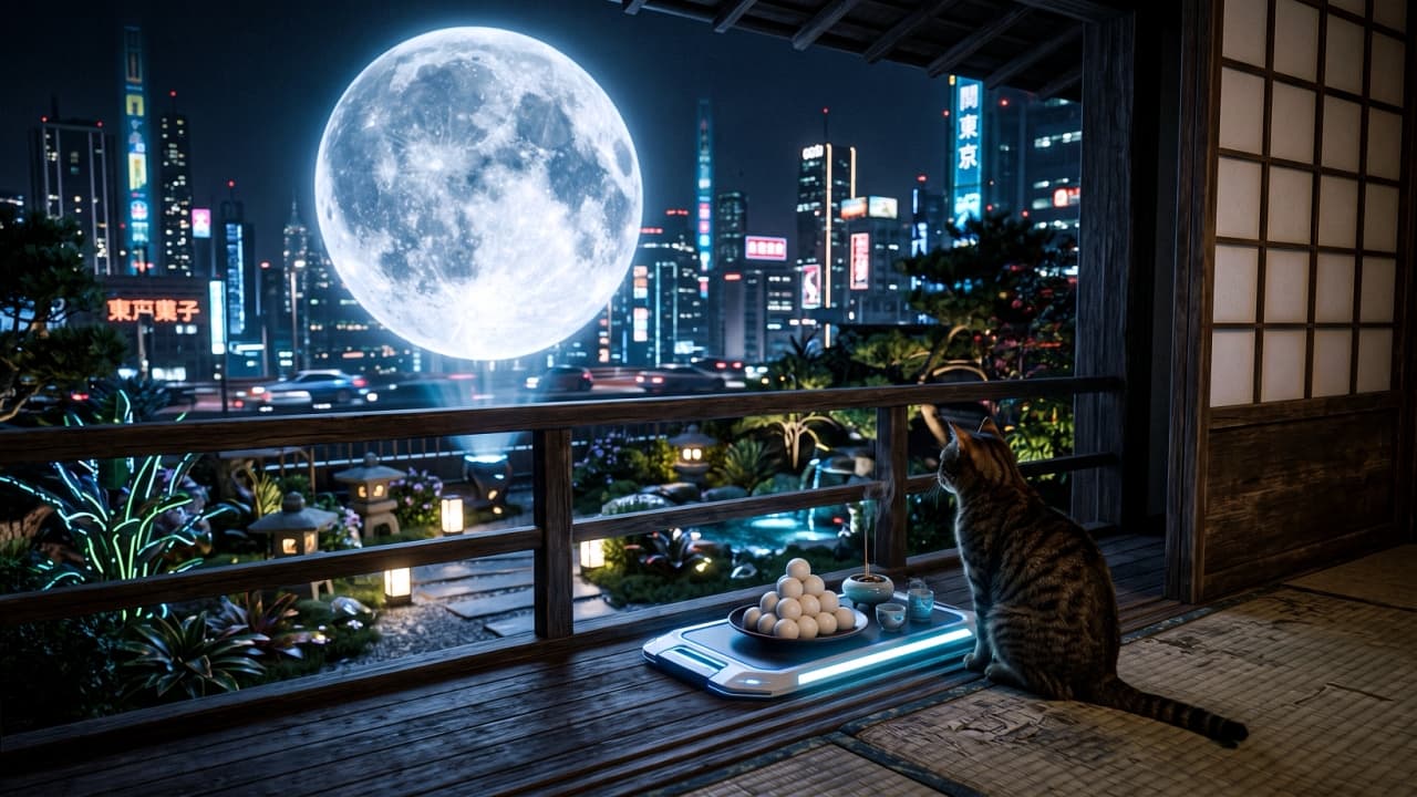 "Modern Tsukimi is here! 🌕🐈 Moon-viewing with futuristic flair. Even the dango are served on a tech tray!" A tabby domestic shorthair cat with distinct striped fur sits peacefully on the weathered wooden planks of a traditional Japanese porch (Engawa) at night. The cat is gazing out towards a massive holographic projection of the moon that dominates the view over a modern Neo-Tokyo skyline. Next to the cat, on a small high-tech glowing blue tray, is a meticulously arranged offering of traditional Tsukimi Dango. The scene expertly blends the tranquility of traditional Zen garden elements with advanced futuristic architecture and holographic technology, all bathed in soft, cool moonlight and vibrant city lights.