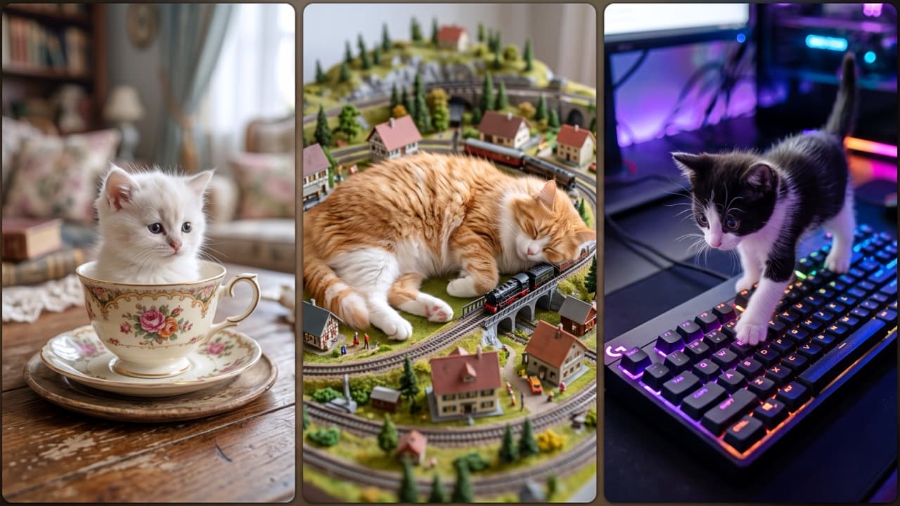 \"Explore three adorable miniature worlds in one frame! Which kitten\'s adventure is your favorite? 🐈✨\" Ultra-realistic high-quality photograph in a three-panel triptych layout. The left panel shows a white kitten inside a vintage teacup. The center panel displays a ginger tabby asleep across a model train track diorama. The right panel features a tuxedo kitten walking on a dark mechanical keyboard with RGB backlighting.