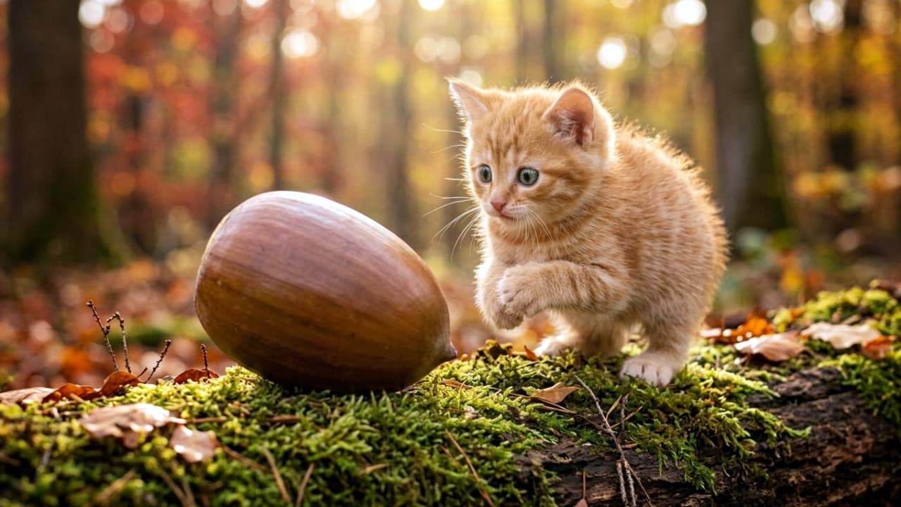 "Whoa, what is this giant rolling thing?! 🌰🐾 This brave little forest explorer is taking on the biggest acorn ever! Who's cheering for our tiny hero? ✨🍂 #KittenAdventures #AutumnMagic #OrangeTabby #NatureDiscovery" Ultra-realistic, high-definition photograph of a remarkably tiny, fluffy 4-week-old orange tabby kitten standing on a lush, bright green moss-covered log in a magical autumn forest. The teacup-sized kitten is captured mid-action, leaning back slightly in adorable surprise with wide, intensely curious green eyes, as it tentatively reaches out one impossibly short front paw to bat at a massive, smooth brown acorn. Warm golden autumn sunlight filters through the canopy, highlighting the highly detailed textures of the soft fur, the shiny acorn, and the vibrant moss against a dreamy, shallow depth of field.