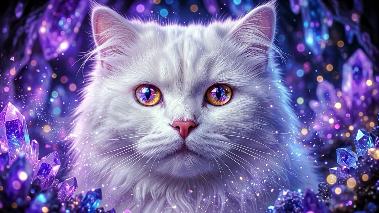 Ultra-realistic high-quality photograph of an extreme close-up of a white Persian cat\'s face illuminated by glowing purple and blue crystals, with striking eyes reflecting luminous geodes in a magical atmosphere.