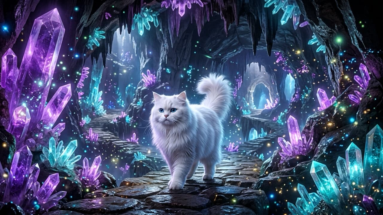 Ultra-realistic high-quality photograph of a majestic white Persian cat with blue eyes walking elegantly along a stone path inside a subterranean cave filled with giant glowing purple and turquoise crystals.