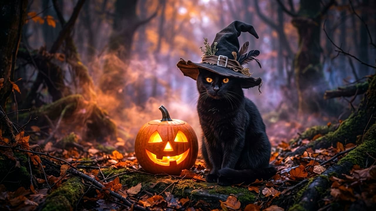 "A witch's faithful companion guarding secrets in the enchanted forest. 🧙‍♀️🎃" Ultra-realistic high-quality photograph of a sleek black cat wearing a decorated dark witch hat sitting next to a brightly illuminated carved jack-o'-lantern pumpkin. The scene takes place on a mossy forest floor filled with fallen leaves under mysterious misty lighting.