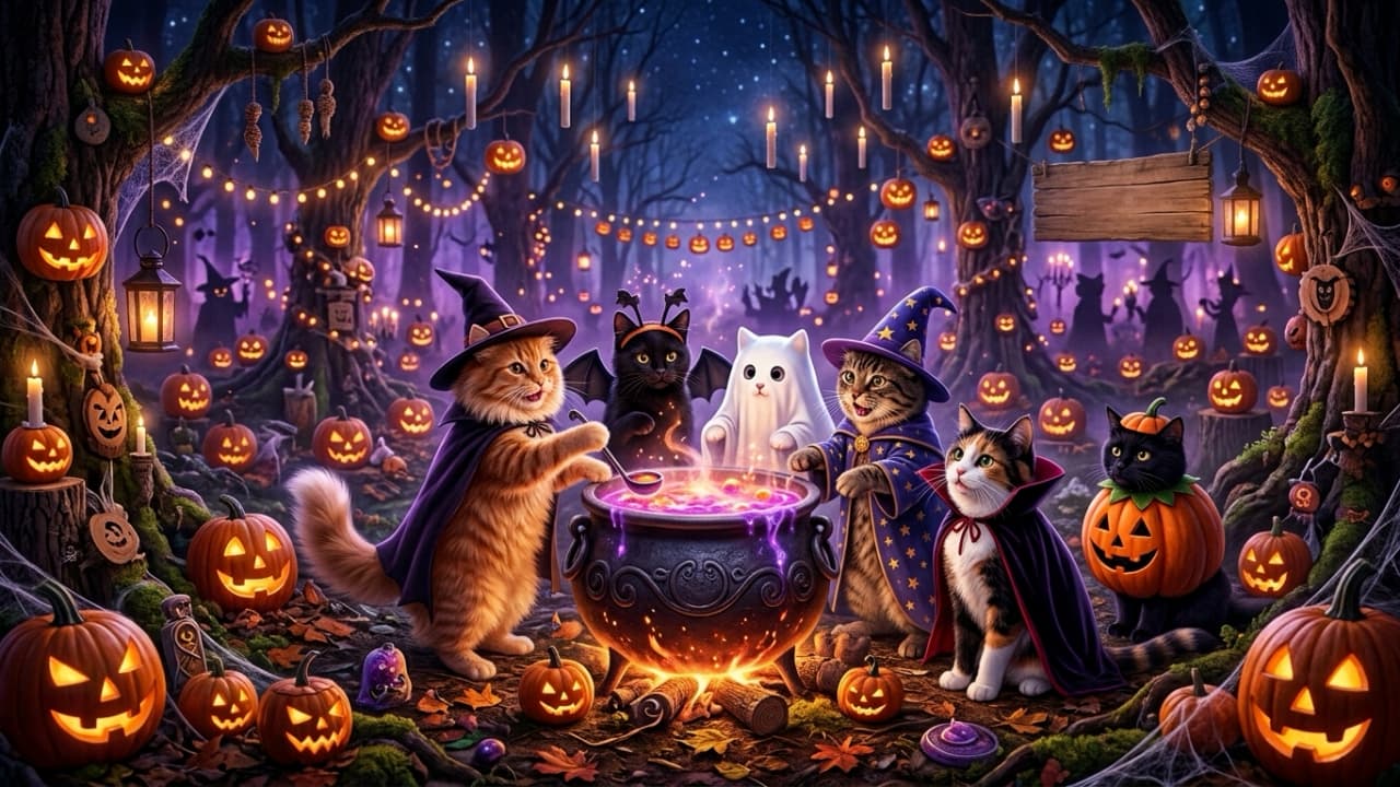\"Brewing up mystical fun with six adorable feline spellcasters tonight! 🔮✨\" Ultra-realistic high-quality photograph of six cats in distinct Halloween costumes gathered around a large central cauldron bubbling with glowing purple magic potion. From left to right: a longhair ginger tabby in a witch cloak stirring the potion; a black cat with bat wings; a white cat in a ghost sheet; a tabby cat in a blue wizard robe; a calico cat wearing a vampire cape; and a black cat sitting inside a pumpkin. The magical forest setting features hanging candles and numerous carved jack-o\'-lanterns.