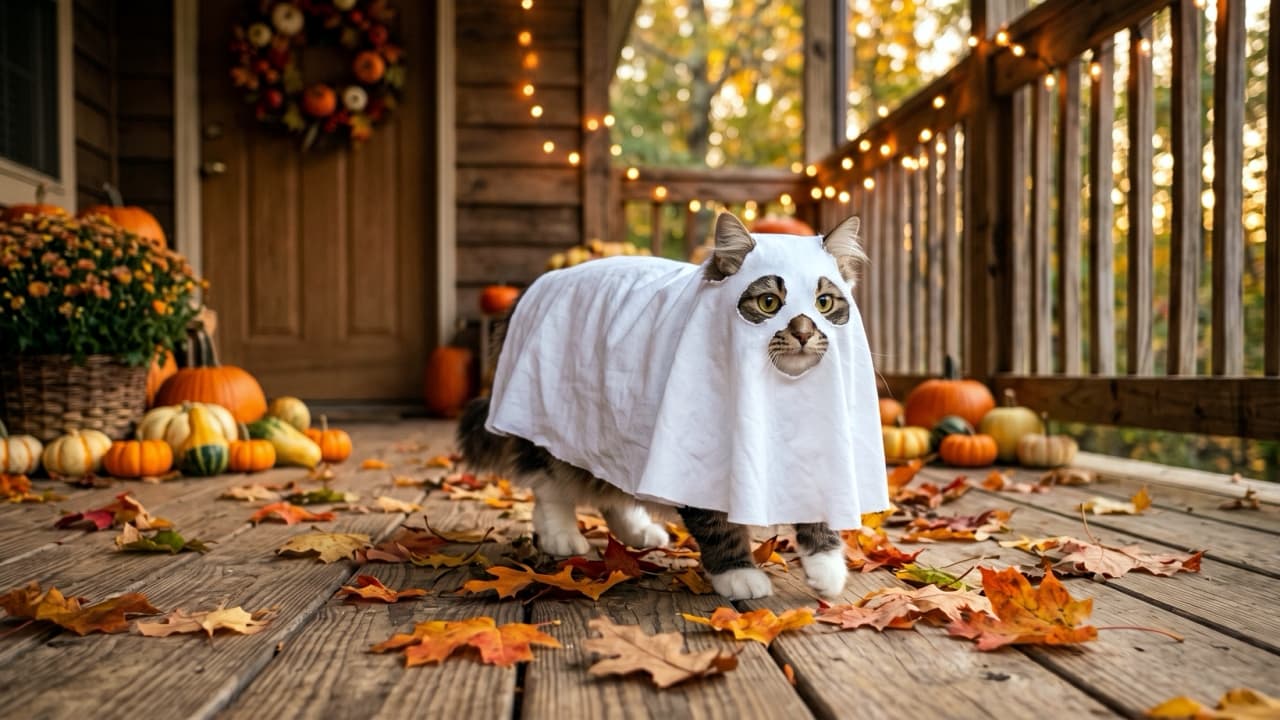 "Trick or treat! A friendly little ghost is prowling the porch today. 👻🎃" Ultra-realistic high-quality photograph of a tabby cat wearing a classic white sheet ghost costume with cutout eyeholes walking across a wooden porch floor. Scattered orange autumn leaves, potted chrysanthemums, and various pumpkins frame the rustic background illuminated by gentle sunlight.