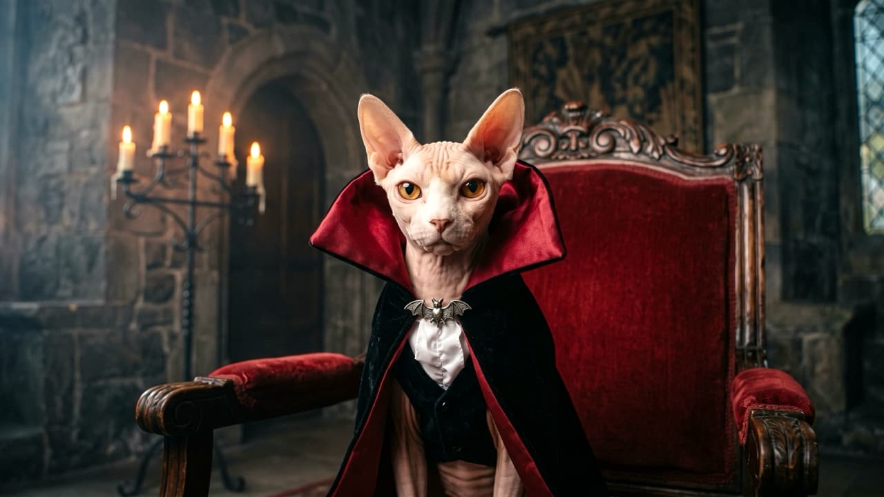 "Step into the mysterious realm of the Vampire Lord this Halloween season. 🦇✨" Ultra-realistic high-quality photograph of a hairless Sphynx cat dressed in a dramatic black and red velvet vampire cape with a bat brooch clasp. The cat sits majestically on a luxurious red velvet armchair inside an atmospheric stone gothic castle lit by candlelight.