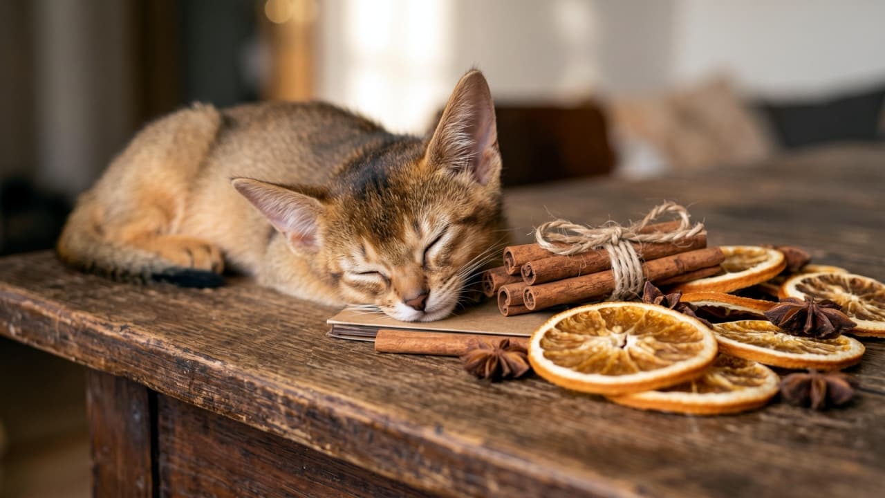 "Sweet spices and cozy catnaps are the ultimate autumn recipe 🍊🍂 Nothing compares to the scent of cinnamon and the warmth of a sleeping friend. Happy cozy season! ☕✨" Ultra-realistic, high-quality photograph of an Abyssinian kitten with fine, warm ruddy-ticked fur and alert ears napping softly on a rustic wooden table. The kitten's chin rests on a closed notebook beside a bundle of whole cinnamon sticks tied with natural twine, dried orange wheels, and star anise pods. Gentle, golden indoor light highlights the textured wood grain and spices, evoking an inviting autumn ambiance.