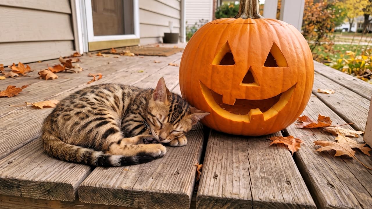 "Even little leopards need a break from spooky season duties! 🎃🐾 Carving out some time for pure cuteness beside our favorite pumpkin. Trick or nap? 🧡" Ultra-realistic, high-quality photograph of an exotic Bengal kitten featuring crisp leopard-print rosettes sleeping peacefully curled into a spiral on a weathered wooden porch. Resting right beside the kitten is a large, brightly colored orange pumpkin carved into a smiling Jack-o'-lantern, framed by scattered fallen autumn leaves and soft daylight. 
