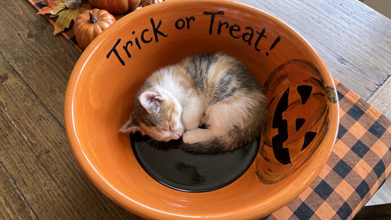 "The sweetest treat you'll see all day! 🍬🍂 Someone decided the Halloween candy bowl was actually a tiny kitten bed. Guess we're not giving this one away! 🧡🐱" An ultra-realistic, high-quality, high-angle photograph of an incredibly small calico Munchkin kitten curled up asleep in a tight spiral at the bottom of a large, orange ceramic bowl. The interior of the bowl is inscribed with the hand-written style words "Trick or Treat!" in black, with a Jack-o'-lantern illustration on the side. The bowl sits on a black-and-orange plaid runner on a rustic wooden table, with decorative mini pumpkins and autumn leaves visible in the top-left. The kitten’s soft, tri-color fur of white, orange, and gray is nestled snugly within the circular dish.