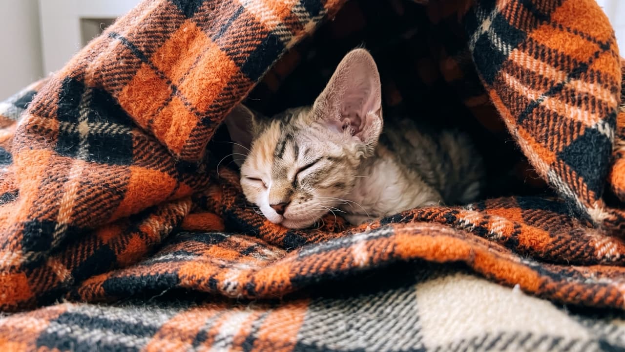 "The snooze button was definitely pressed today 😴🍂 When the blanket is this warm, getting up is simply not an option. Have a cozy and restful day, everyone! 🧡🐾" An ultra-realistic, high-quality photograph of a young tabby Devon Rex kitten sleeping peacefully, heavily tucked under an orange, black, and white plaid blanket. The kitten’s head and one large, characteristic oversized ear are visible, showcasing its unique wavy, short fur, fine whiskers, and delicate facial features. The thick, wool-like texture of the blanket envelopes the kitten, forming a cozy cave-like structure. The shallow depth of field keeps the kitten's face in sharp focus, while the plaid patterns and soft indoor lighting enhance the warm, snug wintery feel.