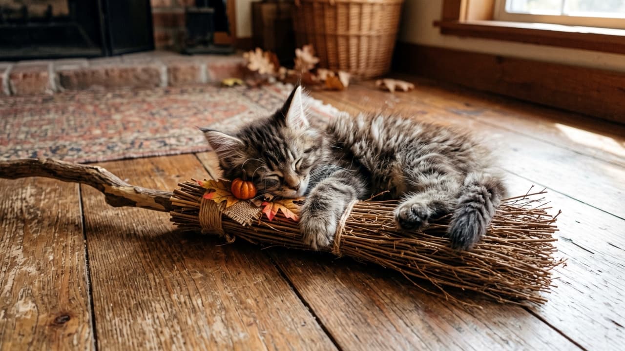 "Flight school is officially postponed for a quick power nap! 🧹🧙‍♀️ Finding magic in the sweetest dreams this autumn. Where will your imagination fly today? 🍂✨" Ultra-realistic, high-quality photograph of a fluffy Maine Coon kitten with long brown tabby fur, tufted paws, and distinct ear tips sleeping comfortably across the bundled twigs of a rustic witch's broom. Decorated with miniature pumpkins and autumn foliage, the broom rests on an aged wooden plank floor in front of a rustic hearth and woven basket.