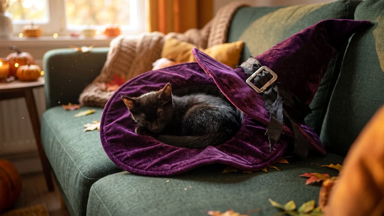 "When the Halloween magic gets too tiring! 🎃💤 This tiny little witch's assistant found the ultimate cozy sleeping spot. Who knew a wizard's hat could be so perfect? Happy spooky season! ✨🐈‍⬛" An ultra-realistic, high-quality photograph of a tiny, jet-black Bombay kitten sleeping peacefully inside the brim of a crumpled purple velvet witch's hat. The kitten is curled into a tight ball, its soft, dark fur catching the warm, natural indoor light. The witch's hat, complete with a dark buckle and worn ribbon, rests on a textured forest-green sofa scattered with dry autumn leaves. In the softly blurred background, a cozy indoor setting is visible, featuring pumpkin decorations, a warm blanket, and a window shedding gentle daylight on the seasonal scene.