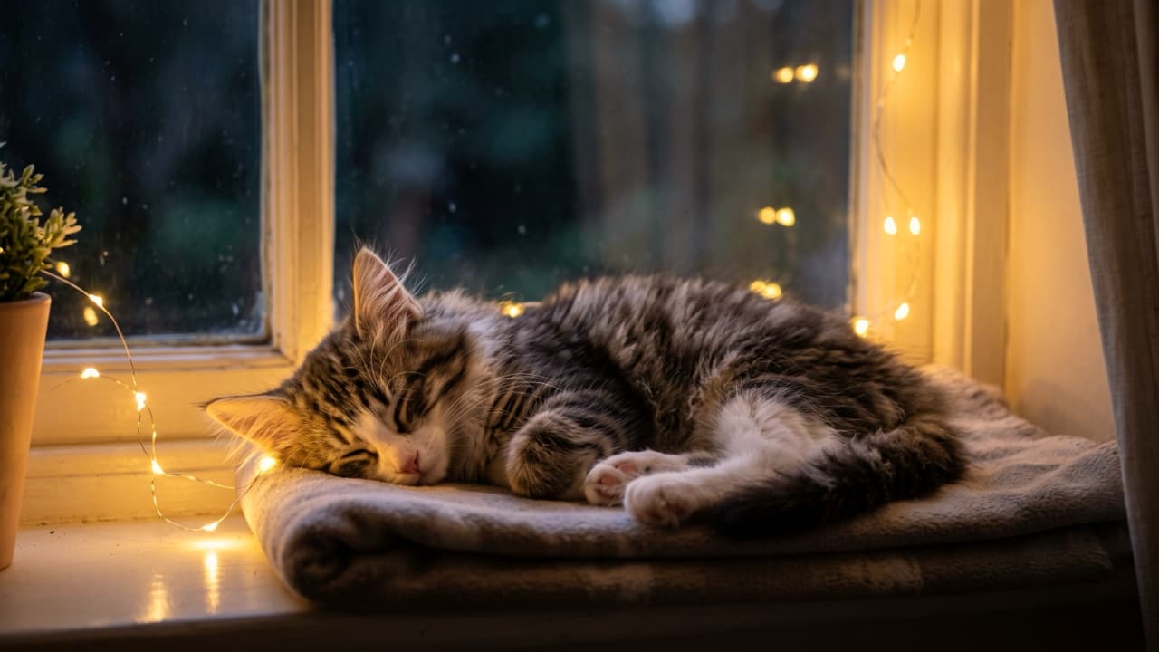 "Rainy days were made for endless naps 🌧️✨ Listening to the raindrops while wrapped up in warm fairy lights. Is there anything more peaceful than a sleeping kitten? 💤🐾" An ultra-realistic, high-quality photograph of a fluffy, sleeping Norwegian Forest Cat kitten resting on its side atop a folded gray blanket on an indoor window sill. The kitten has tabby patterns on its back and head, with white paws and chest, and its tiny face is peaceful. String fairy lights drape around the window, glowing with a warm, golden ambiance that reflects on the dark, rain-streaked window pane behind. A small potted plant sits on the left, and natural, low-light indoor evening warmth contrasts with the dim, natural outdoor dusk.