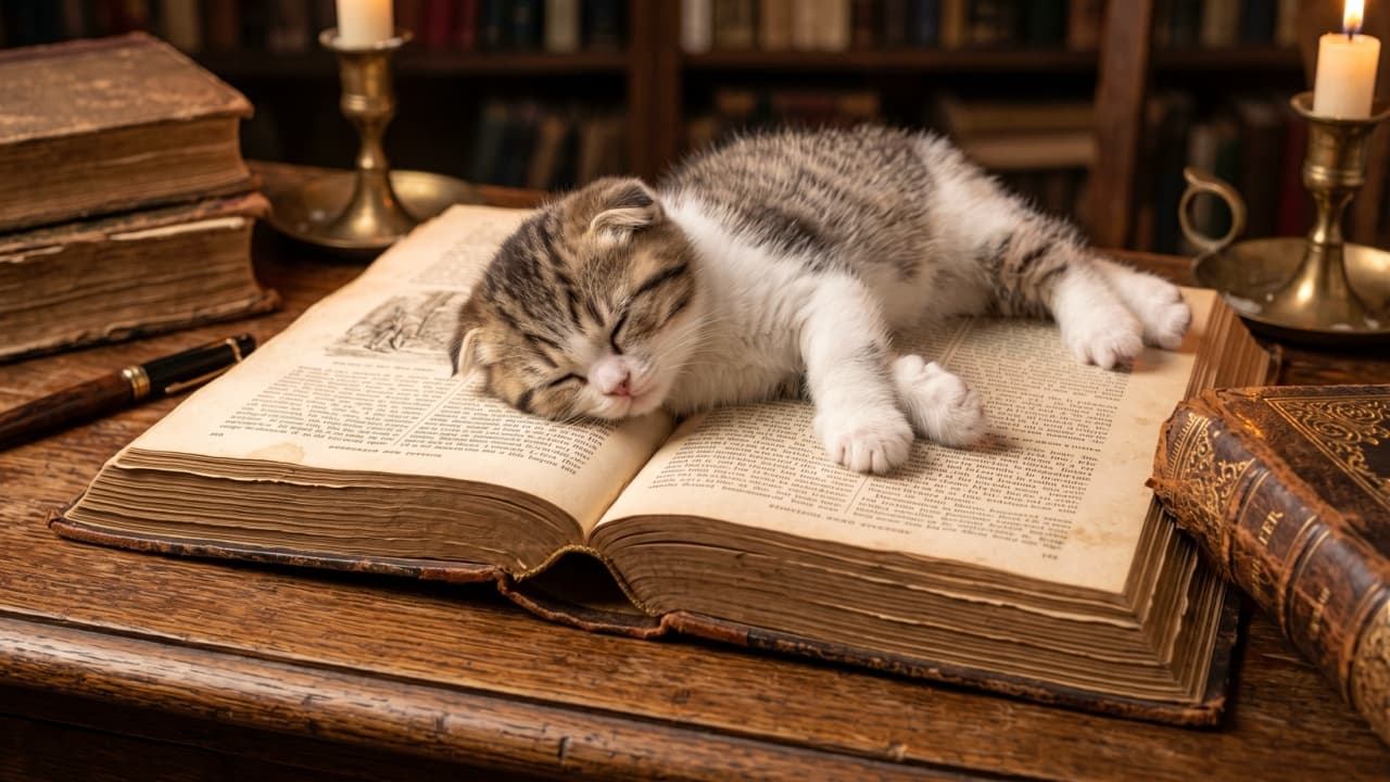 "Fell asleep mid-chapter in the cozy archives! 📚🕯️ When storytime turns into sweet dreams, you know it’s time to curl up and rest. What book would you read together? ✨🐾" Ultra-realistic, high-quality photograph of a sleepy Scottish Fold kitten with folded ears and brown tabby-and-white fur resting peacefully across an open vintage book on a dark wooden desk. Soft candlelight from brass candle holders, an antique fountain pen, and stacked old leather-bound books create an atmospheric, scholarly library scene filled with quiet nostalgia.