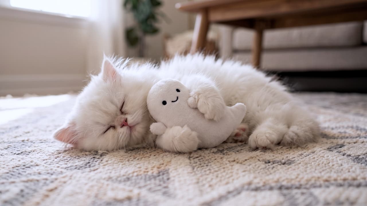 "Even ghosts need bedtime hugs 👻🤍 This tiny fluffy cloud found a little friend to cuddle during naptime. Who’s cuddling whom here? Sweet dreams! ✨😴" An ultra-realistic, high-quality photograph of an incredibly fluffy, pure white Persian kitten sleeping soundly on its side on a textured, patterned indoor rug. The kitten has a characteristic flat, delicate pink nose and closed eyes, and its tiny paws are tightly clutching a small, white plush ghost toy with a simple, happy face. Warm, natural daylight pours in from a window in the blurred background, highlighting the soft, airy texture of the kitten's long fur. Cozy home elements, like a wooden table leg and sofa, are visible in the soft-focus background.